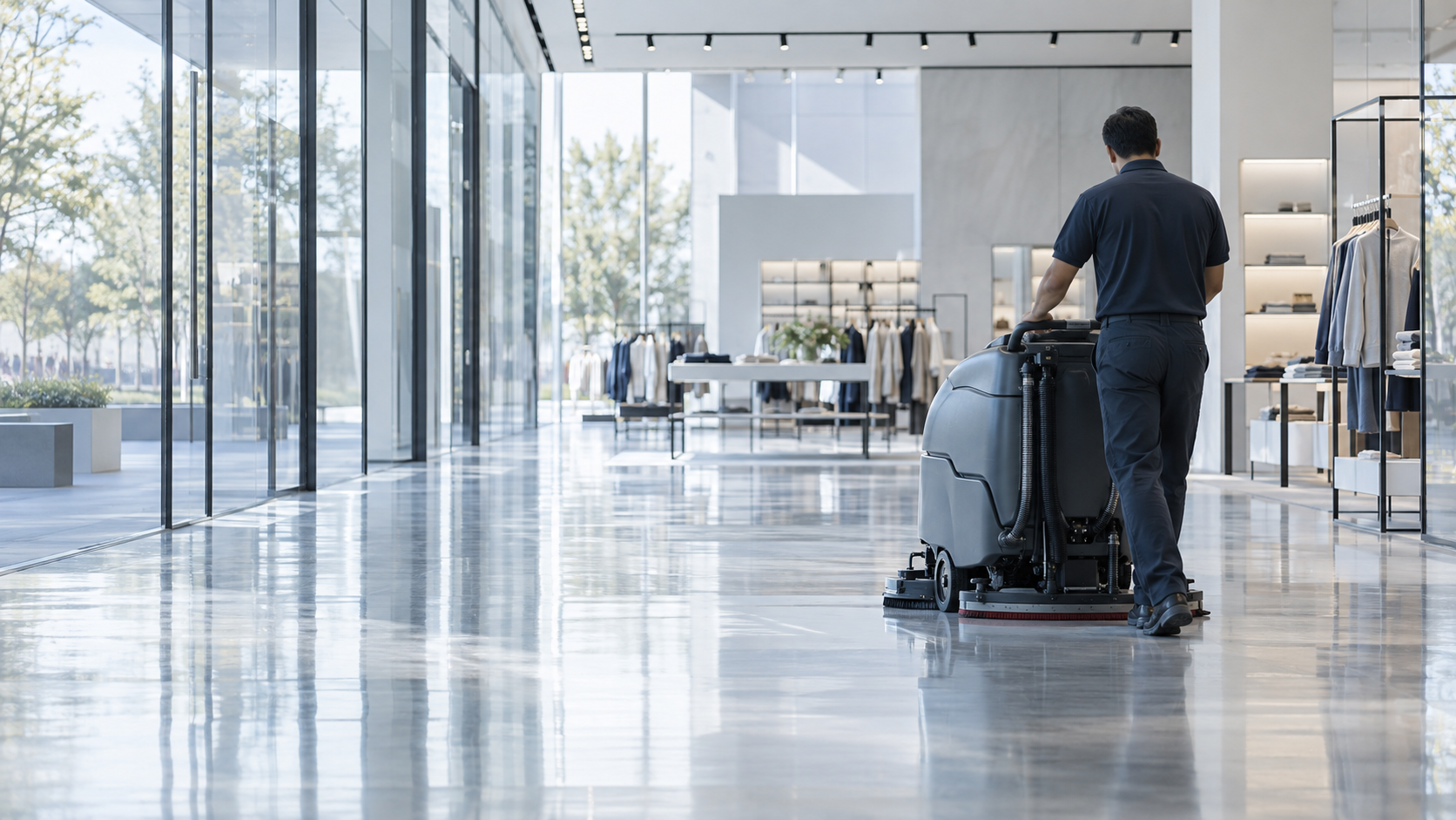 A commercial cleaner operating a floor scrubber inside a bright retail space