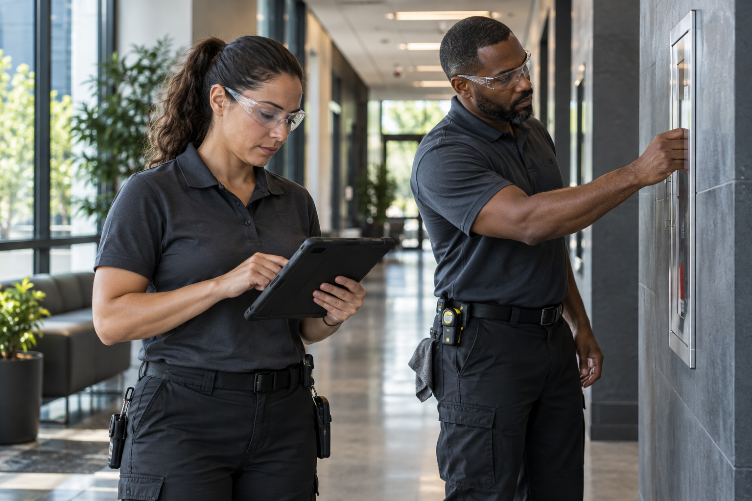 Facility team conducting a safety and quality check in a commercial corridor