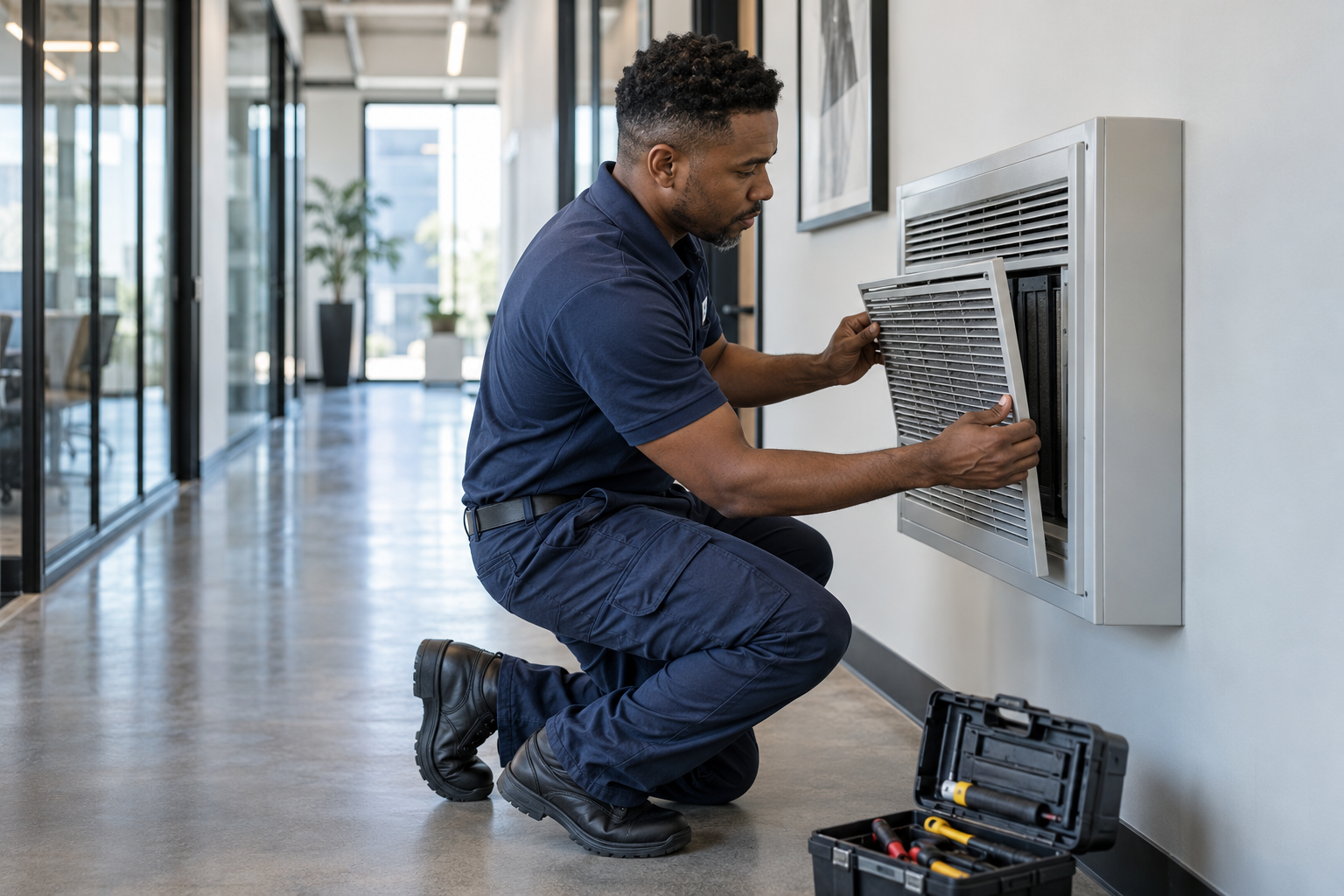 Facilities technician servicing a commercial ventilation unit