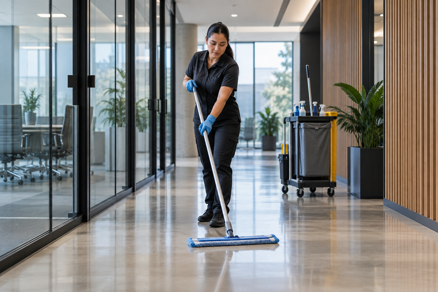 Commercial cleaner mopping a polished office corridor