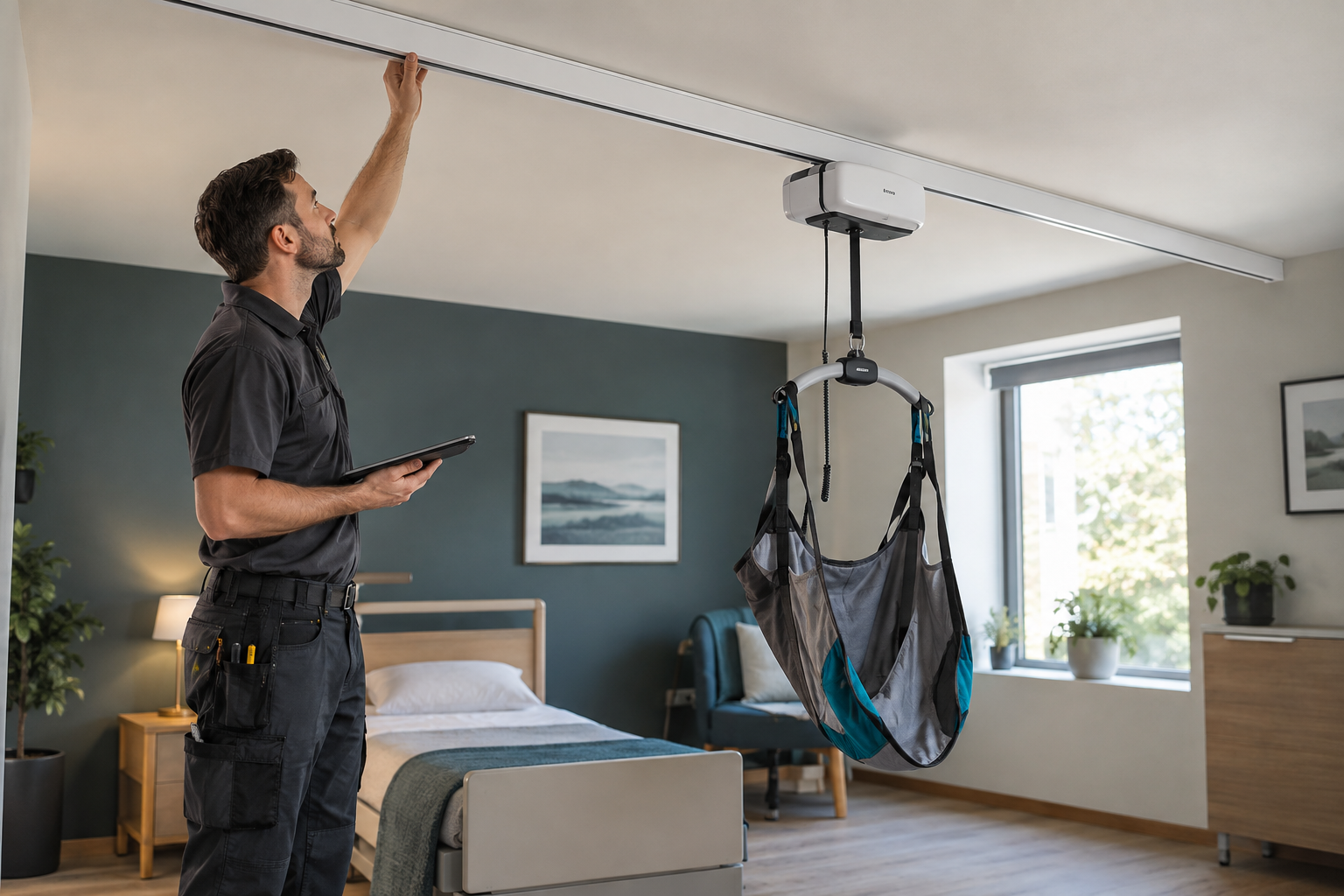 Technician inspecting a single straight ceiling rail and patient lift in a care room