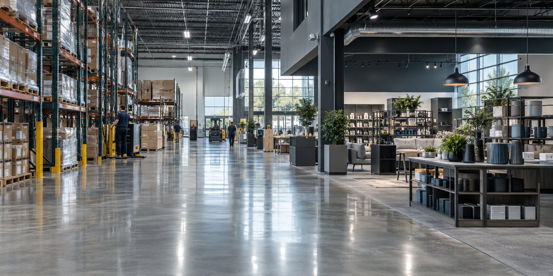 An orderly warehouse adjoining a retail showroom with polished floors